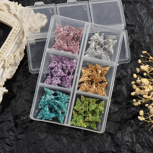 Miniatura 5 de 60 dijes de uñas de mariposa con purpurina 3D de mariposa para arte de uñas, de aleación de metal, encantos de uñas Kawaii para uñas acrílicas