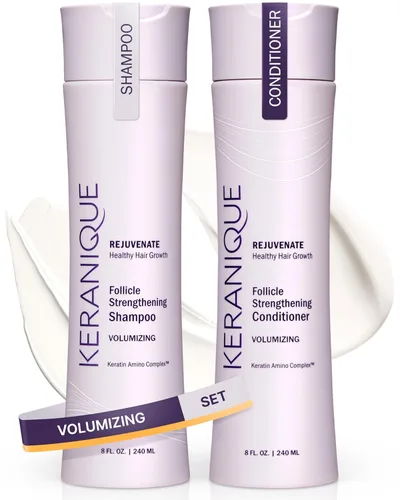 Keranique Juego de champú y acondicionador voluminizador para reparación y crecimiento del cabello con biotina y queratina para mujeres, fórmula