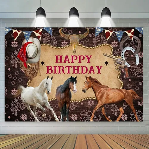 Miniatura 6 de Decoración de cartel de celebración de caballo para fiesta de cumpleaños, telón de fondo estable del salvaje oeste, fondo de fotos de baby shower