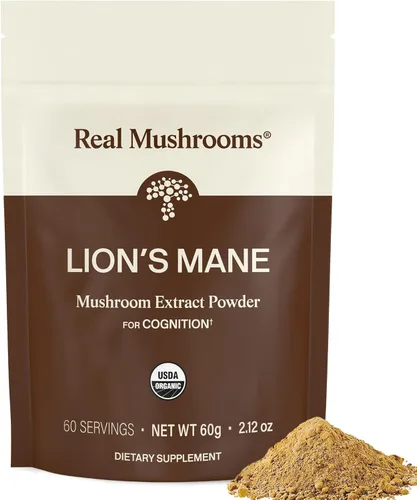 Lions Mane polvo de extracto de hongos Real Mushrooms. Certificado orgánico 2.11 oz a granel. Hongo melena de león en polvo, perfecto para