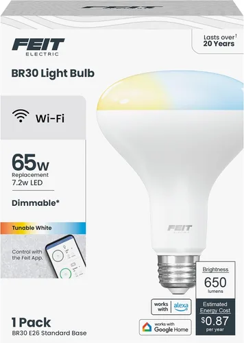 Feit Electric Bombilla LED inteligente blanca sintonizable BR30, WiFi 2.4GHz, compatible con Alexa y Google Home, luz regulable controlada por