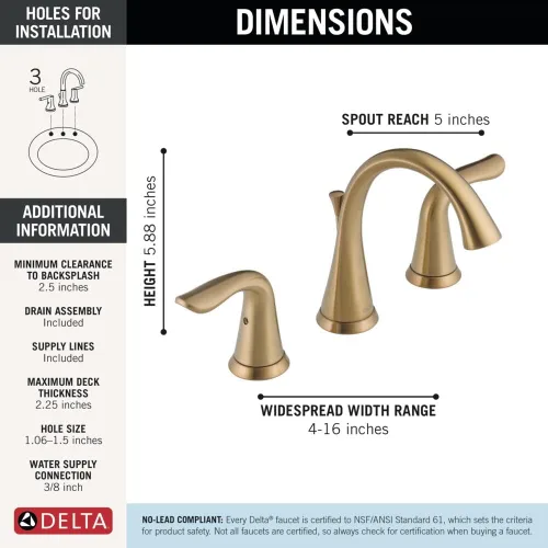 Miniatura 4 de Delta Faucet Lahara - Grifo de baño de 2 llaves con tecnología de sellado de diamante y ensamblaje del drenaje de metal, bronce champán