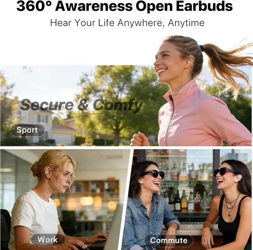 Miniatura 7 de Auriculares inalámbricos con clip de oreja abierta Bluetooth 6.0, estuche compacto de polvo con pantalla LED y espejo, clips de oreja de mariposa
