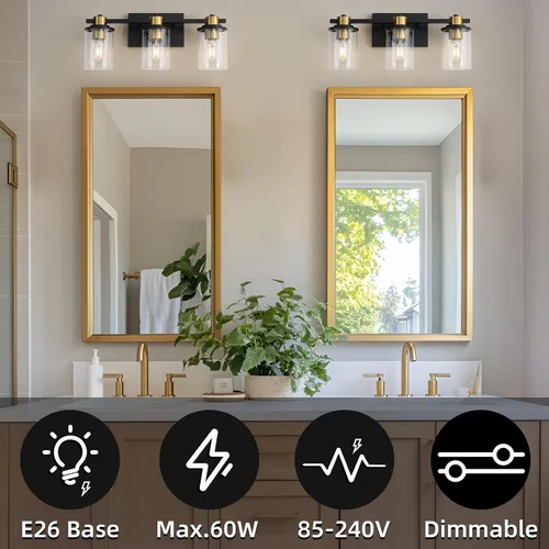 Miniatura 4 de LOUSACE Lámpara de baño negra y dorada, 3 luces de tocador de baño, moderna luz de baño sobre espejo con pantallas de vidrio transparente, enchufe