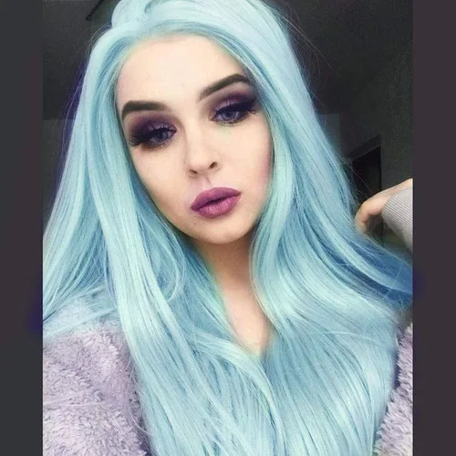 Miniatura 7 de Peluca Baby Blue para Mujeres, las Mejores Pelucas de encaje frontal azules, predepiladas, largas onduladas, peluca de cabello real, sin pegamento