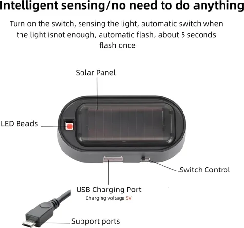 Miniatura 2 de Shudyear Alarma simulada de energía solar para automóvil, nuevo modelo, más brillante y claro, luz LED antirrobo intermitente de seguridad lámpara