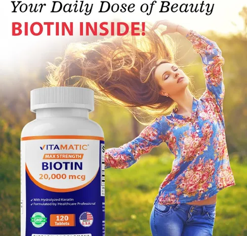 Miniatura 4 de Vitamatic Biotina de alta potencia de 20000 mcg (20 mg) con queratina 100 mg – 120 tabletas – Suplementos de biotina para un cabello, piel y uñas