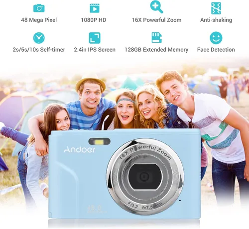Miniatura 2 de Andoer - Cámara digital portátil de 48 Mpx. y 1080P con pantalla IPS de 2,4 pulgadas, zoom de 16x, enfoque automático, temporizador automático, Azul