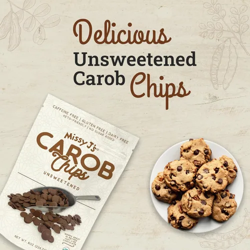 Miniatura 4 de Missy J's Chips de algarrobo orgánico sin azúcar, 8 onzas, veganos y sin gluten, sustituto de chocolate saludable sin cafeína para hornear