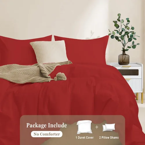 Miniatura 3 de Juego de funda de edredón 100% algodón, cierre de cremallera oculto, ultra suave, fácil de cuidar y duradero, estilo de cama simple, Queen, rojo