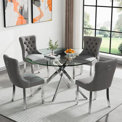 Miniatura 60 de Juego de 4 mesas de comedor redondas de vidrio para 4, juego de mesa de cocina pequeña para 4, mesa redonda de vidrio de 35 pulgadas, juego de 4