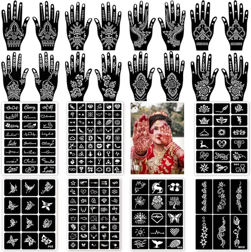 ChurlChurl Más de 185 plantillas de tatuaje de henna, 23 hojas de plantillas temporales de tatuaje para mujeres, pintura facial y corporal,