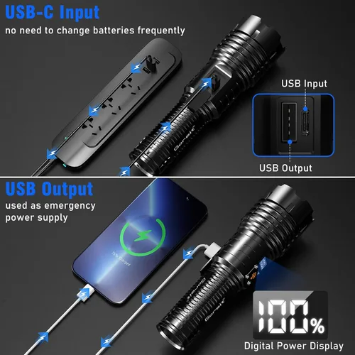 Miniatura 8 de Goreit Linternas LED de alto lúmenes recargables, 20,000 lúmenes XHM77.2 Luz de flash súper brillante USB, linterna de mano de alta potencia