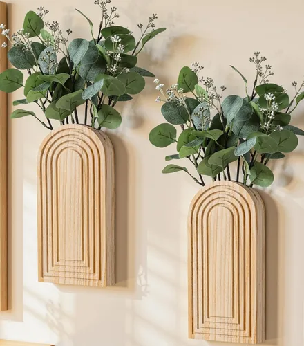 Miniatura 11 de DREAMLOOM Paquete de 2 jarrones de pared de madera con plantas artificiales de eucalipto, macetas para colgar en la pared, estilo bohemio y moderno