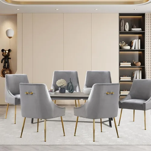 Miniatura 10 de Juego de 2 sillas de comedor de terciopelo, sillas de comedor tapizadas con patas de metal dorado pulido, sillas auxiliares de cocina de granja, Azul