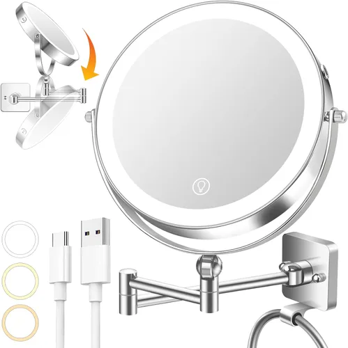 Miniatura 8 de UBYMET Espejo de maquillaje iluminado, altura ajustable, doble cara, aumento 1x/10x con 3 colores, brillo ajustable, rotación de 360°, regalo