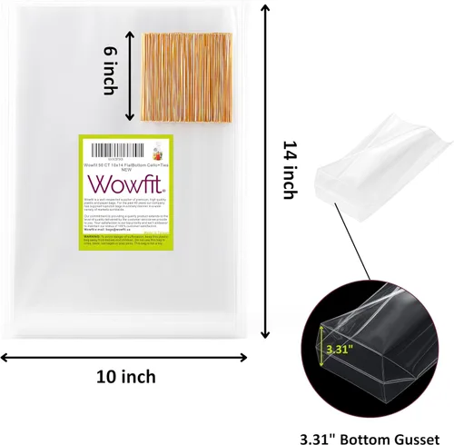 Miniatura 2 de Wowfit 50 bolsas de 10 x 14 pulgadas con fondo acolchado transparente de celofán para regalos con lazos dorados de 6" de Twist, embalaje de celofán