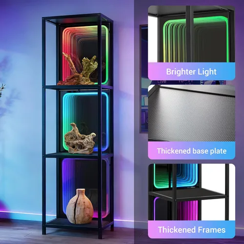 Miniatura 4 de FUSLITE Armario de almacenamiento de 3 niveles con luz LED de espejo infinito, vitrina RGBW con temperatura de color ajustable para dormitorio