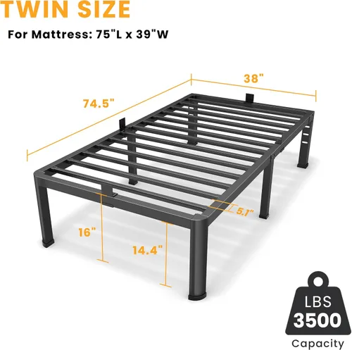 Miniatura 3 de Superay Marco de Cama de Plataforma de Metal Tamaño Twin de 16 Pulgadas con Esquinas Redondas, Espacio de Almacenamiento Debajo del Marco de Cama