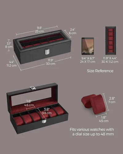 Miniatura 6 de SONGMICS Caja de reloj, caja de reloj de 6 ranuras con tapa de vidrio grande, almohadas extraíbles para reloj, organizador de caja de reloj, regalo