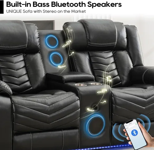 Miniatura 3 de Sofá reclinable manual con altavoces de graves para sala de estar, sofá biplaza reclinable eléctrico de cuero con luces LED, reclinables dobles, 2