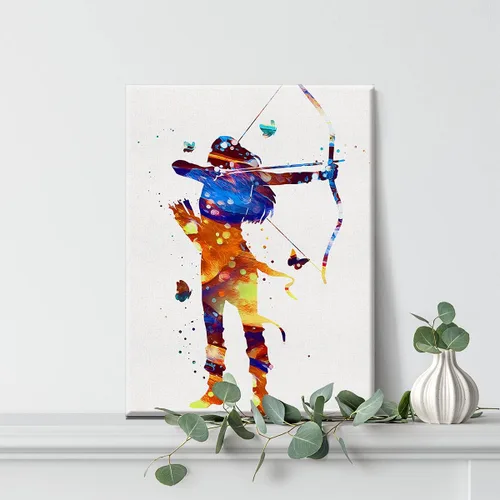 Miniatura 5 de Arquero Girl - Arte de pared de acuarela con arco y mujer, lienzo para decoración de pared del hogar, arte de caza de arcos, regalos de médico