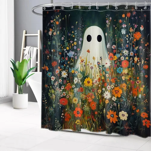 Miniatura 10 de Cortina de ducha de Halloween, cuervo negro, murciélago y árbol muerto en un bosque brumoso espeluznante con ganchos, cortina de baño de noche