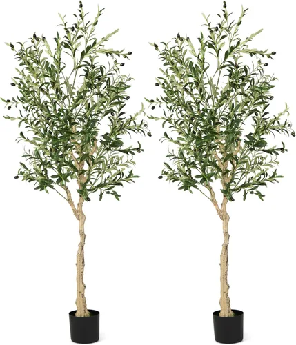 Miniatura 10 de Goplus Árbol de olivo artificial de 4.5 pies, árbol de seda alto en maceta con frutas realistas, plantas de vegetación sintética