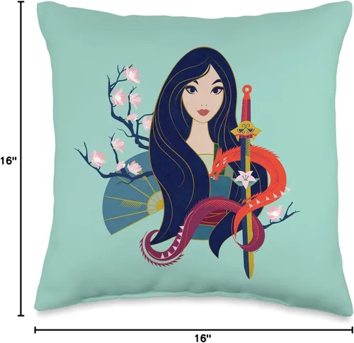Miniatura 4 de Disney Princess Mulan and Mushu - Almohada moderna estilo art déco, 16 x 16 pulgadas, multicolor