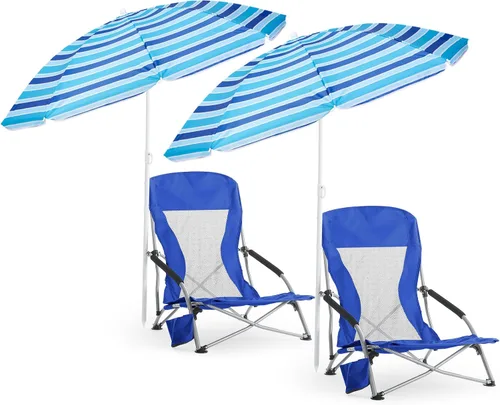 Miniatura 10 de Huwena Paquete de 2 sillas de playa con paraguas para adultos, juego de sillas plegables bajas, paraguas desmontable ajustable, ligero portátil