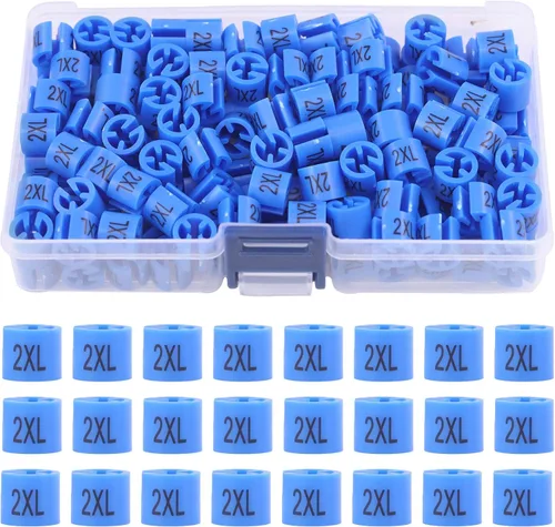 Swpeet 150 unidades azules (tallas 2XL). Percha de plástico para ropa, marcadores de tamaño de codificación de colores, etiquetas de tamaño para