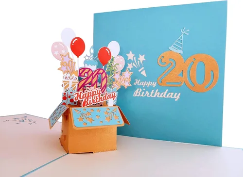 Miniatura 4 de iGifts And Cards Tarjeta desplegable 3D de 20 cumpleaños – Caja de fiesta azul de moda sorpresa con globos, regalos y vibraciones de celebración