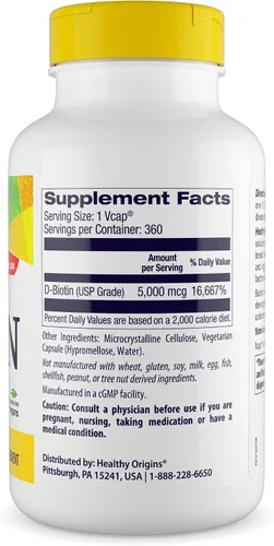 Miniatura 2 de Healthy Origins Biotina Ultra-Potency (B7), 5,000 mcg - Apoya la piel, el cabello y las uñas - Vitamina B7 de alto grado - Sin OMG, biotina sin