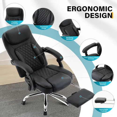 Miniatura 6 de Silla de oficina de masaje de 6 puntos con silla de oficina térmica y ergonómica con reposapiés y respaldo alto reclinable de 45°, silla de oficina