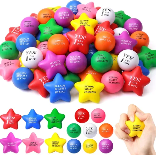 Jerify 140 bolas de estrés a granel para adultos, espuma colorida, estrella motivacional, bola de estrés, juguete de regalo con citas inspiradoras,