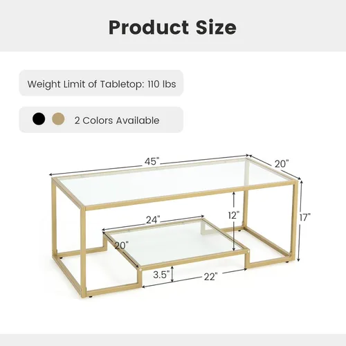 Miniatura 2 de NAFORT Mesa de centro de cristal templado, mesa central moderna rectangular dorada de 45 pulgadas con estante de almacenamiento inferior