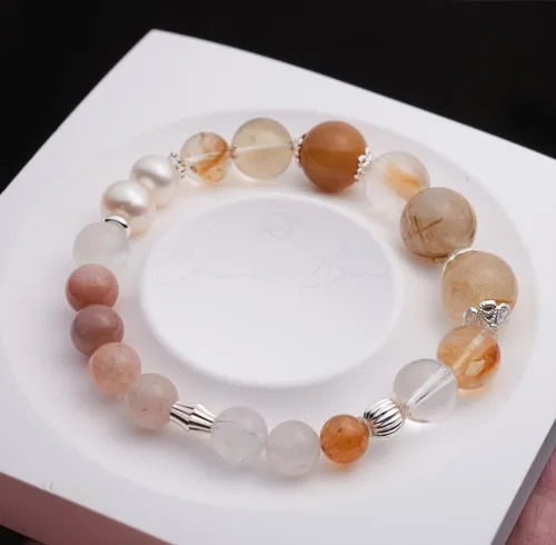 Miniatura 55 de Precious Gemstone Natural Crystal Healing Bracelet, Rutilated Quartz, Moonstone, Quartz Handmade Original Design Bracelet