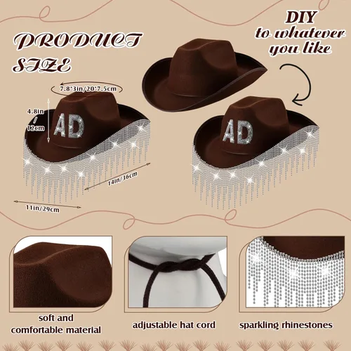 Miniatura 5 de Sombrero de vaquera con flecos de diamantes de imitación, sombrero de vaquero de diamantes con borla brillante alfabeto y número para disfraz