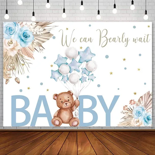 AIBIIN Telón de fondo para baby shower de oso de 7 x 5 pies para niño, We Can Bearly Wait to Meet You, azul, bohemio, floral, globo de pampas,