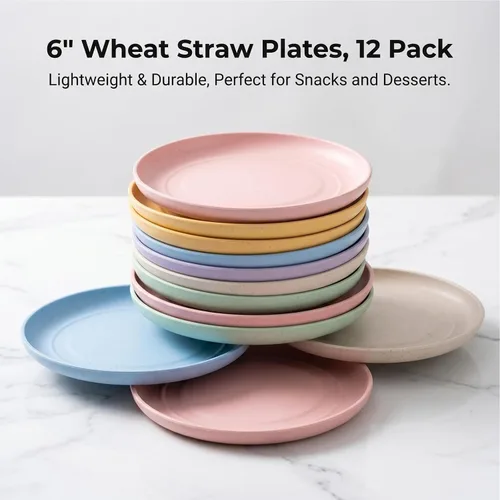 Miniatura 6 de SHECIPIN Paquete de 12 mini platos ligeros de paja de trigo de 6 pulgadas, juego de platos reutilizables aptos para lavavajillas y microondas