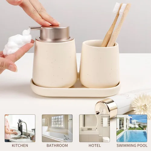 Miniatura 5 de BosilunLife Juego de accesorios de baño 3 piezas - Juego de dispensador de jabón con espuma de cerámica para baño, decoración de baño estilo casa
