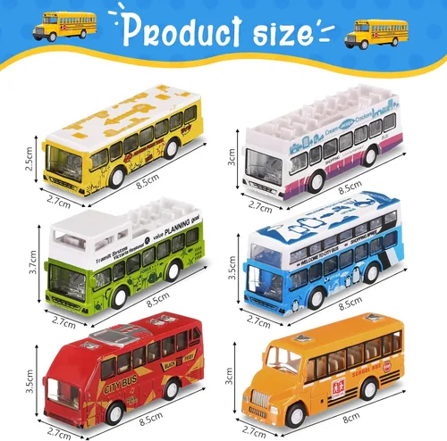 Miniatura 2 de Hanaive Juego de 6 piezas de coches de autobús escolar, juego de autos pequeños de metal fundido a presión, autobús urbano, autobús de doble piso
