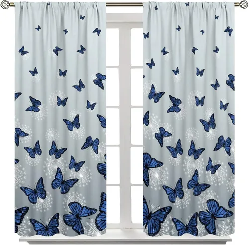 Miniatura 5 de Cortinas de mariposa, mariposa azul, diente de león blanco, románticas, para niñas y mujeres, insonorizadas, aisladas, con bolsillo para barra