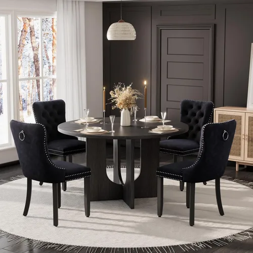 Mesa de comedor redonda de 47 pulgadas para juego de mesa de cocina rústica de 6,7 piezas, mesa de comedor de granja, sillas negras de alta gama