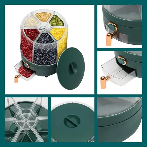Miniatura 5 de Dispensador de cereales, Dispensador de grano giratorio de 360° de 6 rejillas, Dispensador de arroz transparente sellado 6 en 1, Contenedor de verde