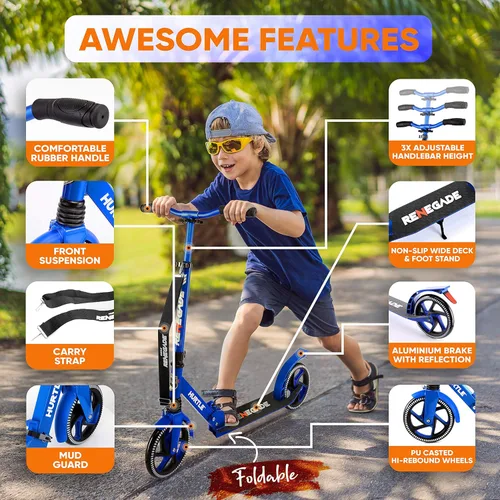 Miniatura 2 de Hurtle Renegade Kick Scooter for Kids, Teenagers & Adults - 2-Wheel Folding Scooter with Adjustable T-Bar Handlebar - Alloy Anti-Slip Deck Azul