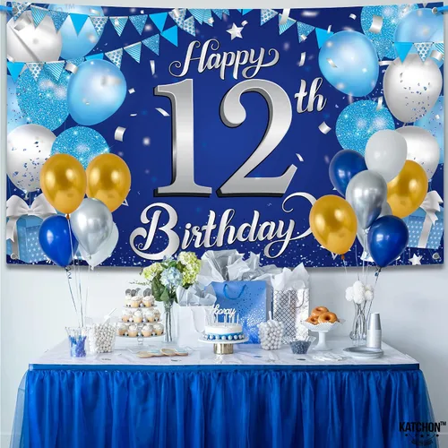 Miniatura 7 de KatchOn, Cartel de feliz cumpleaños número 12, 72 x 44 pulgadas, decoración de fiesta de feliz cumpleaños número 12 azul y plateado para niños