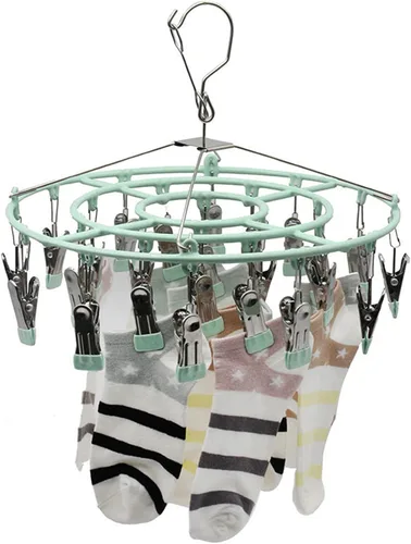 Miniatura 7 de Estante de secado de calcetines de ropa de acero inoxidable con 24 clips, gancho giratorio a prueba de viento para calcetines, brasieres, toallas
