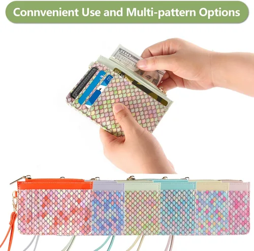 Miniatura 6 de Cartera pequeña de cuero con protección RFID de sirena para tarjetas de crédito, cartera delgada con correa para la muñeca con bolsillo