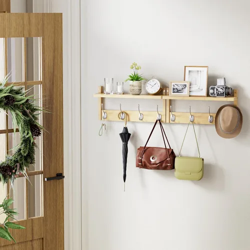 Miniatura 2 de STELLSTAR Perchero con estante, paquete de 2 colgadores de pared de bambú con 8 ganchos para entrada, pasillo, cocina, baño, sala de estar, cuarto